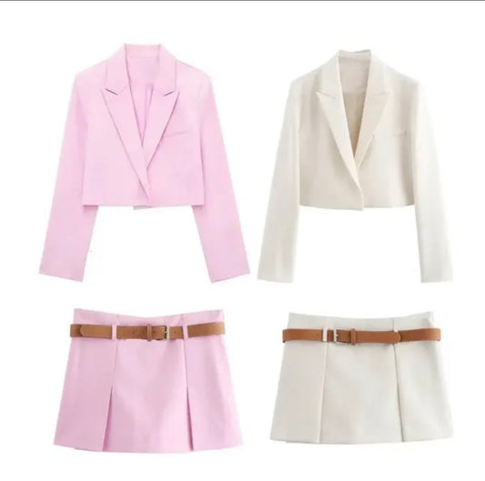 2pc women blazer skirt with belt